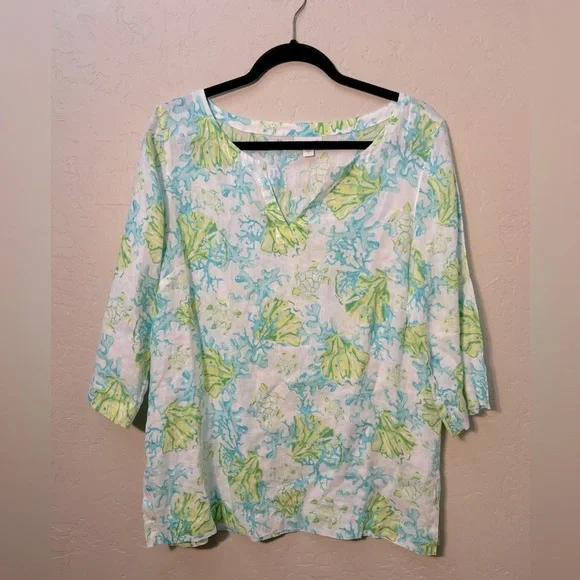 J Jill MEDTurtle 100% Linen 3/4 Sleeve Blouse tropical resortwear beach coastal - Picture 2 of 8
